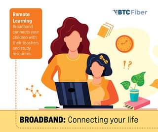 May be a cartoon of one or more people and text that says 'Remote Learning Broadband connects your children with their teachers and study resources. BTCFiber !? BROADBAND: Connecting your life'