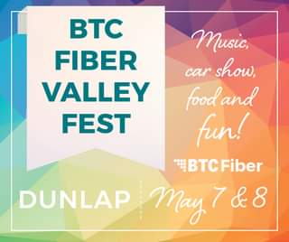 May be an image of text that says 'BTC FIBER VALLEY FEST Music, car show, foodand fun! - 中 BTCFiber May 7&8 DUNLAP'