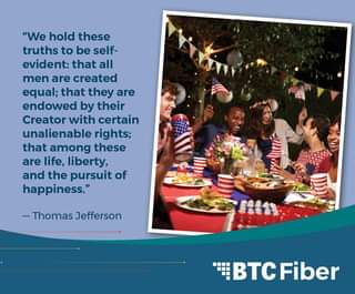 May be an image of 5 people, child and text that says '"We hold these truths to be self- evident: that all men are created equal; that they are endowed by their Creator with certain unalienable rights; that among these are life, liberty, and the pursuit of happiness." -Thomas -ThomasJefferson Jefferson BTC Fiber'