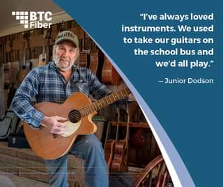 May be an image of 1 person, guitar and text that says ''BTc BTC Fiber "I've always loved instruments. We used to take our guitars on the school bus and we'd all play." -J”nior Dodson'